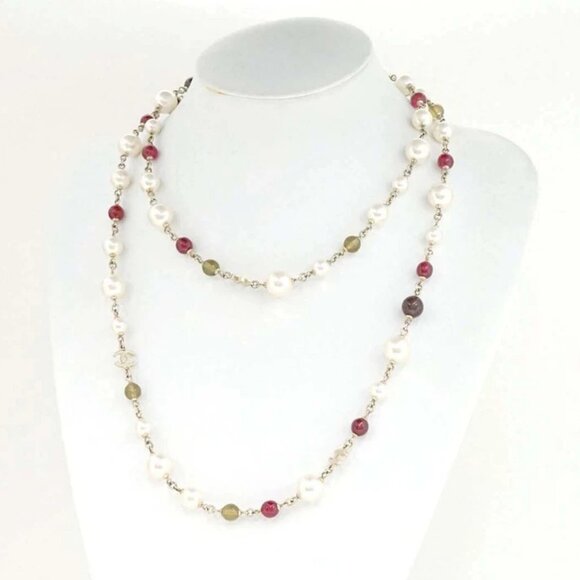 CHANEL CC Logos Red Rhinestone Pearl Long Necklace 42" Gold Tone A16K Auth w/Box - Picture 2 of 6